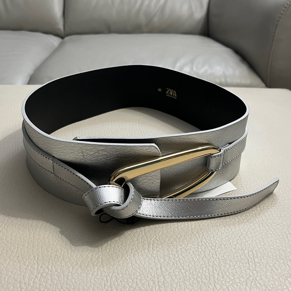 Zara Women’s Silver Sash Belt with Gold Buckle - Made in Spain - EU 85/US 34/M